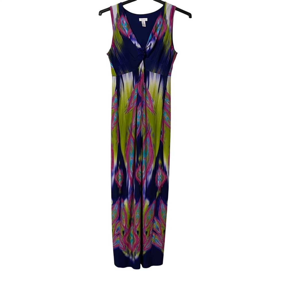 Chico's Maxi Dress Women's Sz1 Blue Pink Green Ikat Abstract Sleeveless Boho EUC